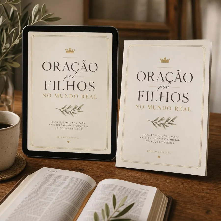 Mockup do e-book Oração por Filhos no Mundo Real sobre uma mesa de madeira com uma Bíblia aberta